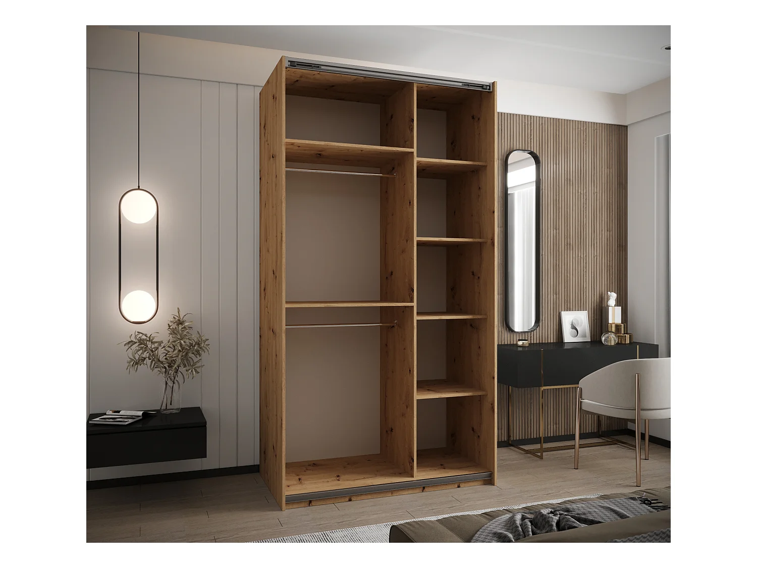 SCHWEBETÜRENSCHRANK Lux 2 245,5/140/64 (Artisan/Weiß/Silber)