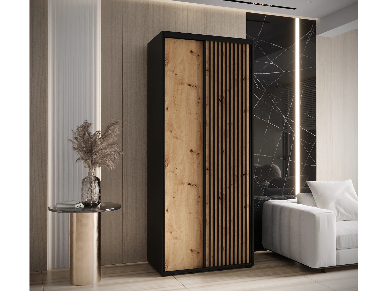 ARMADIO SAPPORO 1 AD ANTE SCORREVOLI 205,2/110/60 2 porte (Nero/Artisan)