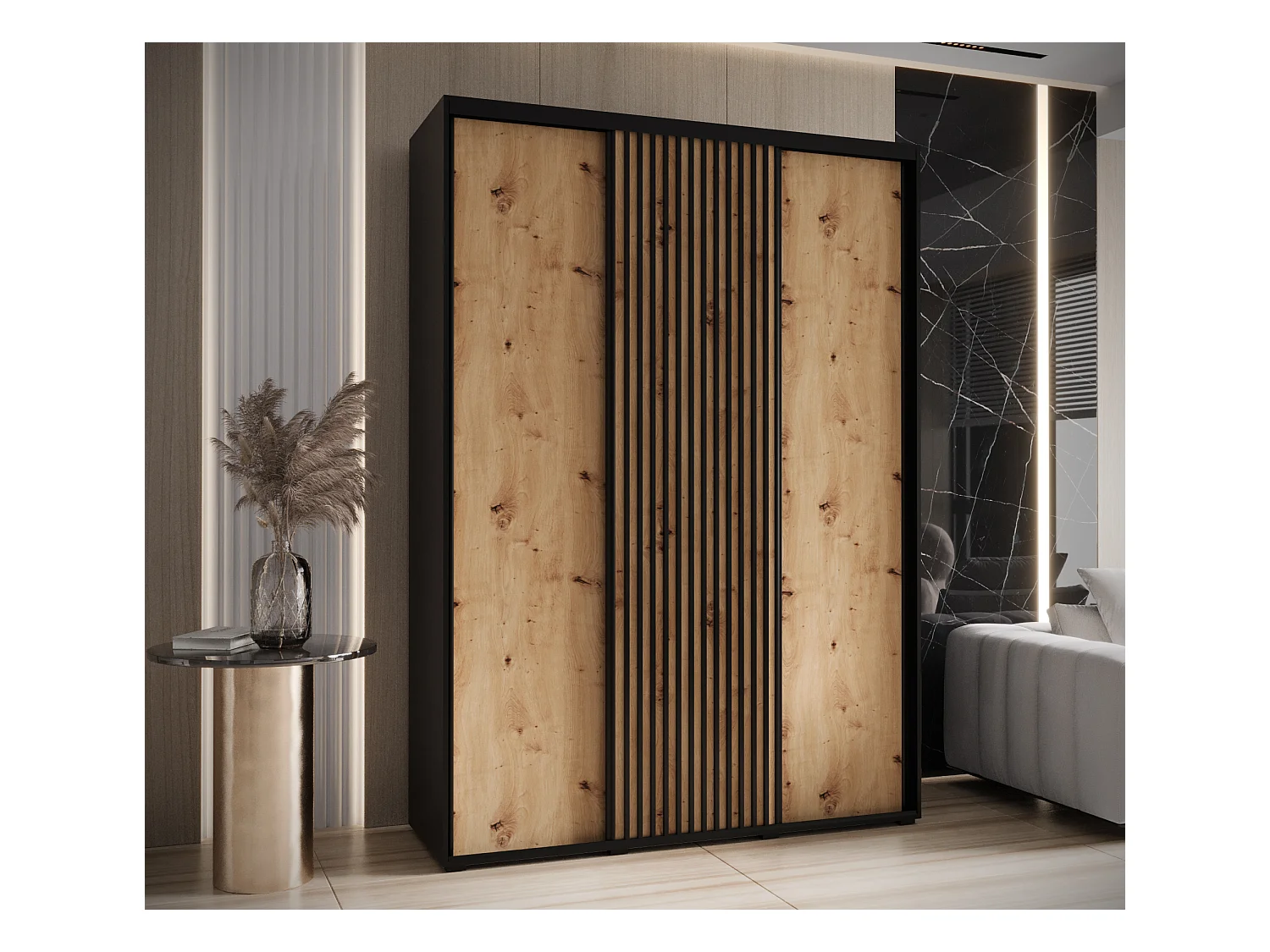 ARMOIRE SAPPORO 1 À PORTES COULISSANTES 205,2/180/60 3 Portes (Noir/Artisan)