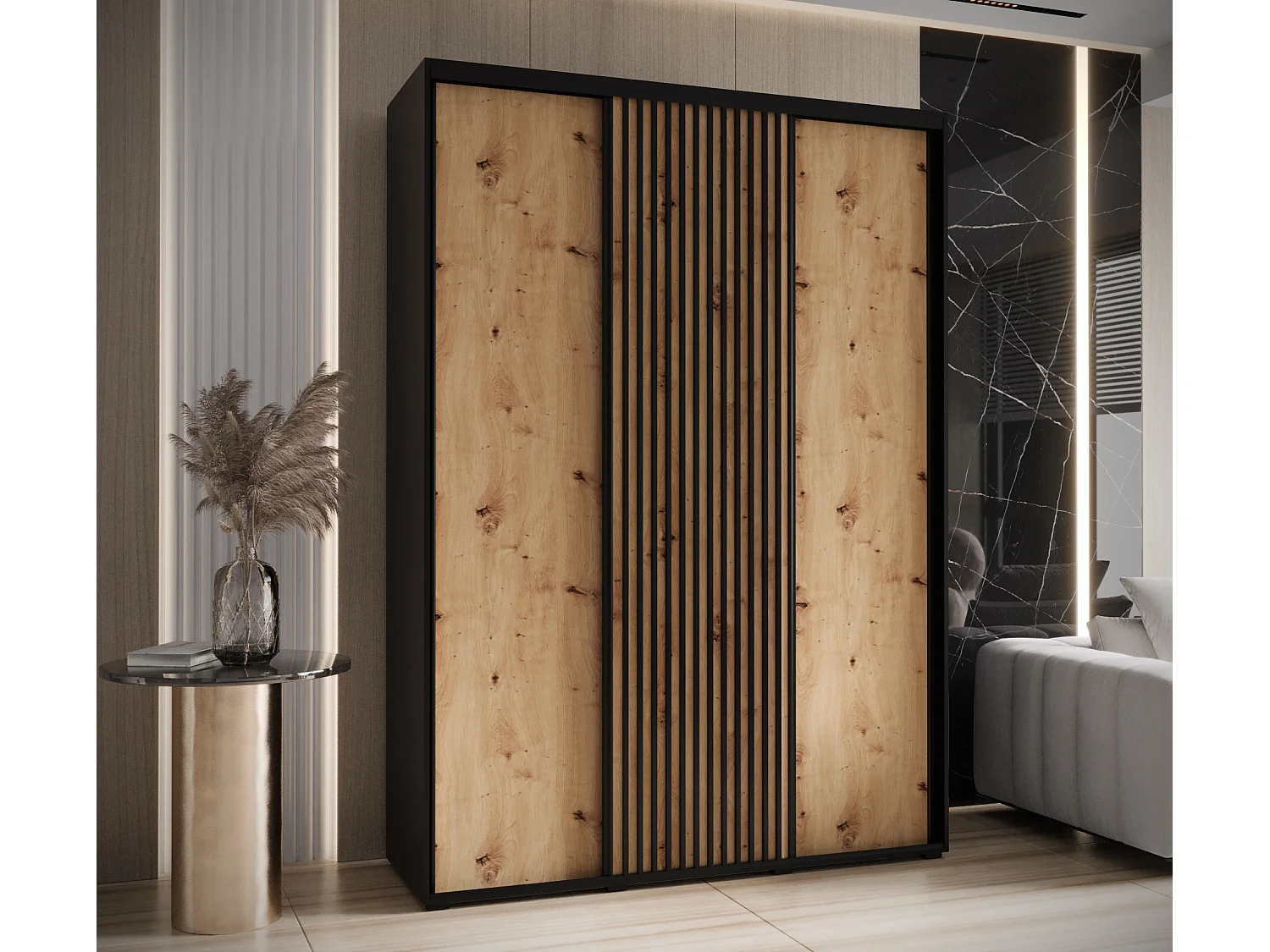 ARMOIRE SAPPORO 1 À PORTES COULISSANTES 205,2/180/60 3 Portes (Noir/Artisan)