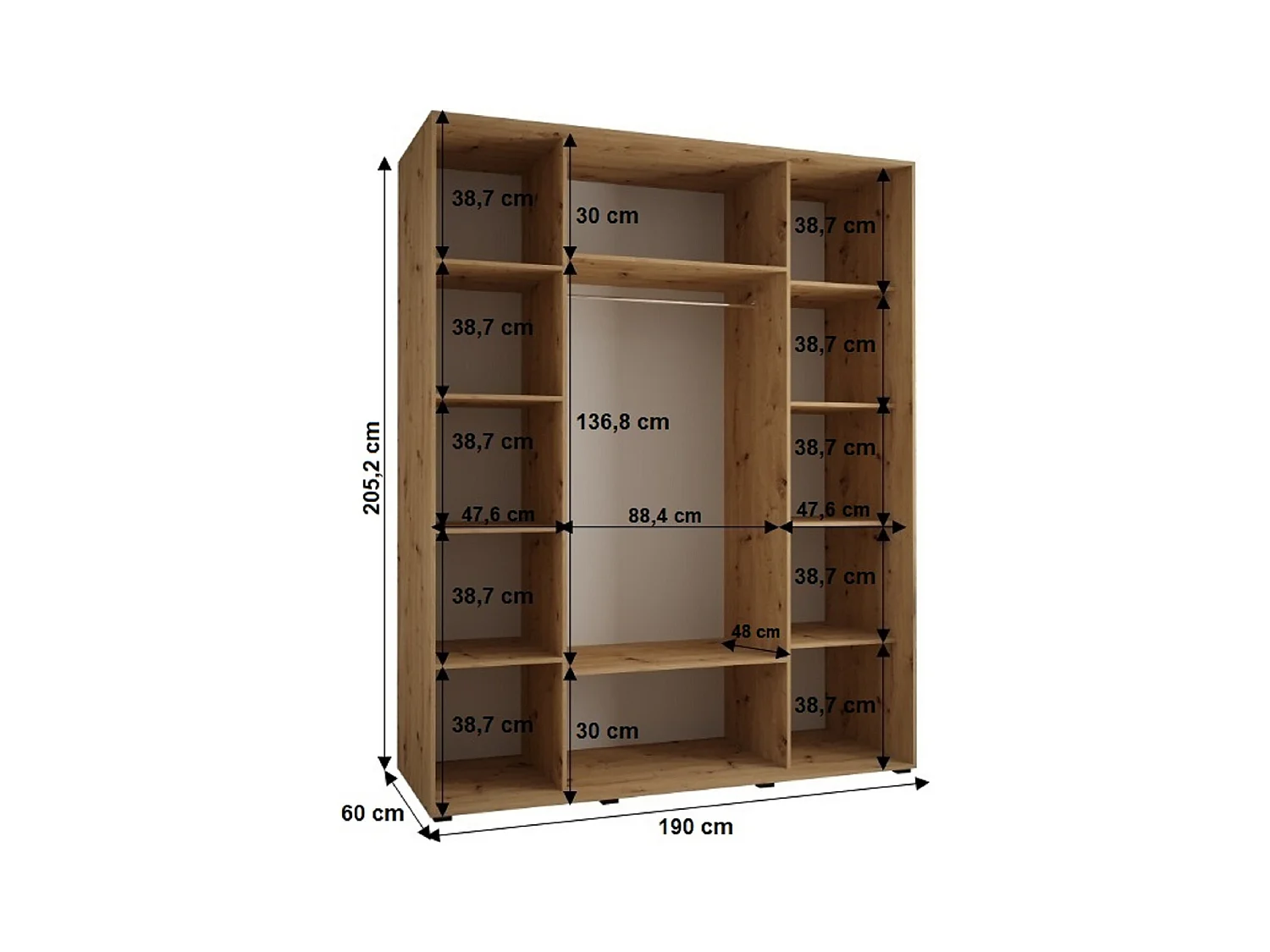 ARMOIRE SAPPORO 2 À PORTES COULISSANTES 205,2/190/60 3 Portes (Noir/Artisan)
