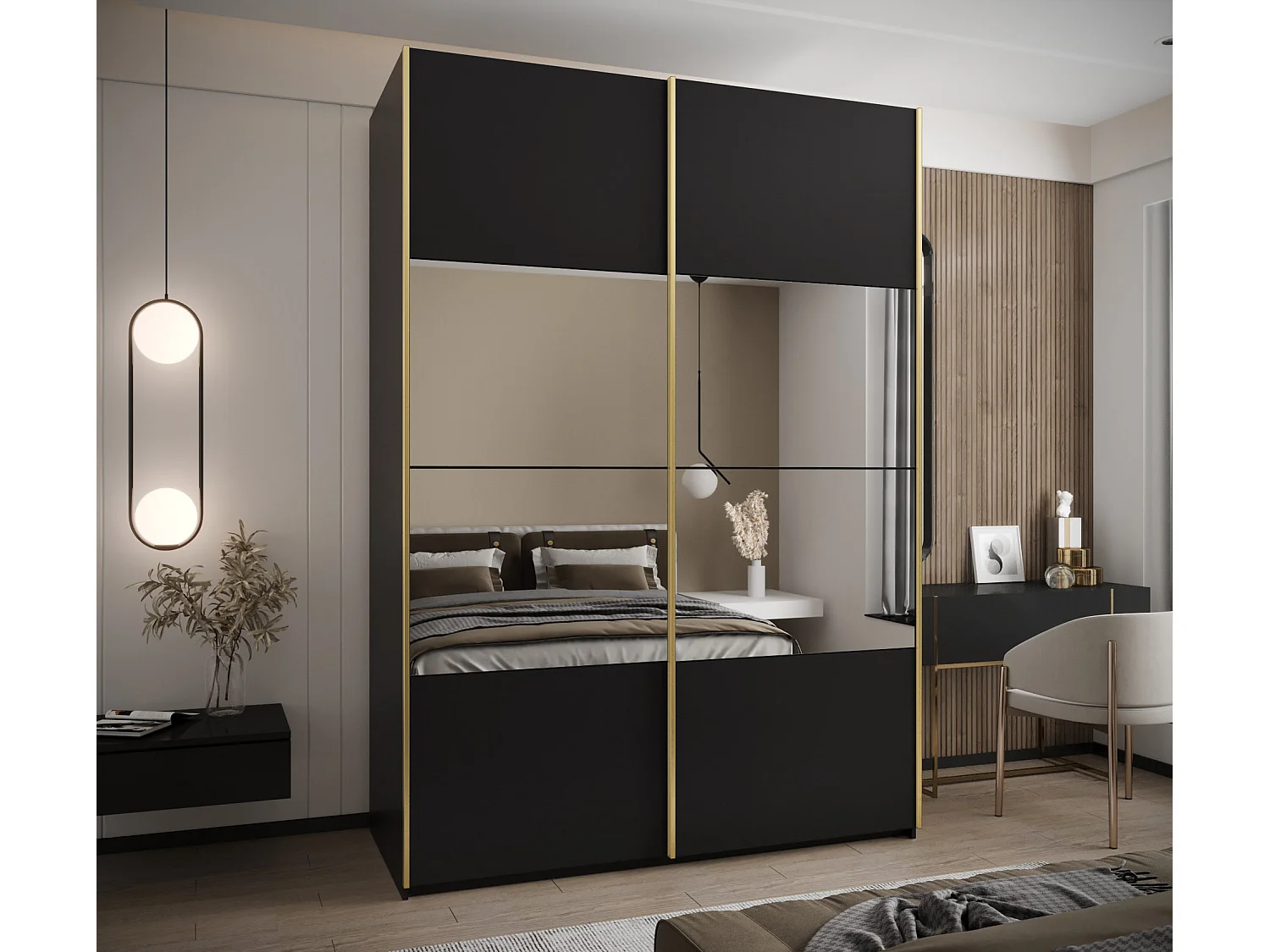 Armoire Lux 4 245,5/180/64 (Noir/Noir/Or)