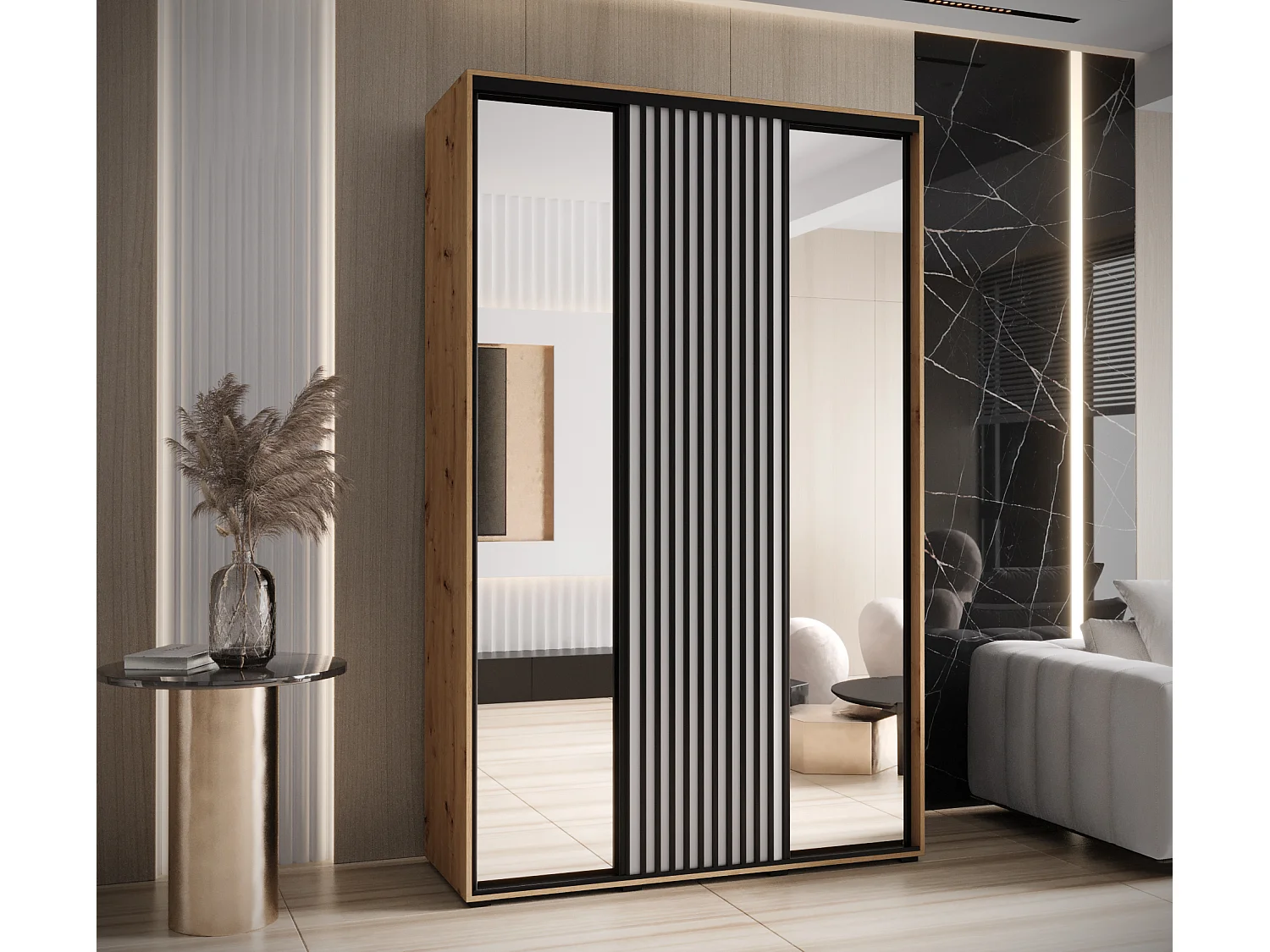 SCHWEBETÜRENSCHRANK LANKO 2 235,2/150/45 3-türig (Artisan/Weiß)