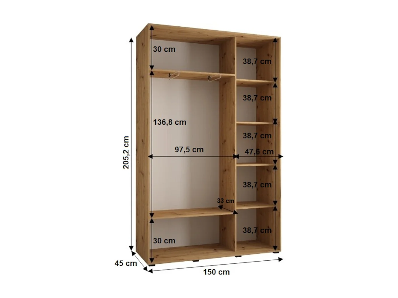 SCHWEBETÜRENSCHRANK SAPPORO 2 205,2/150/45 3-türig (Artisan/Schwarz)