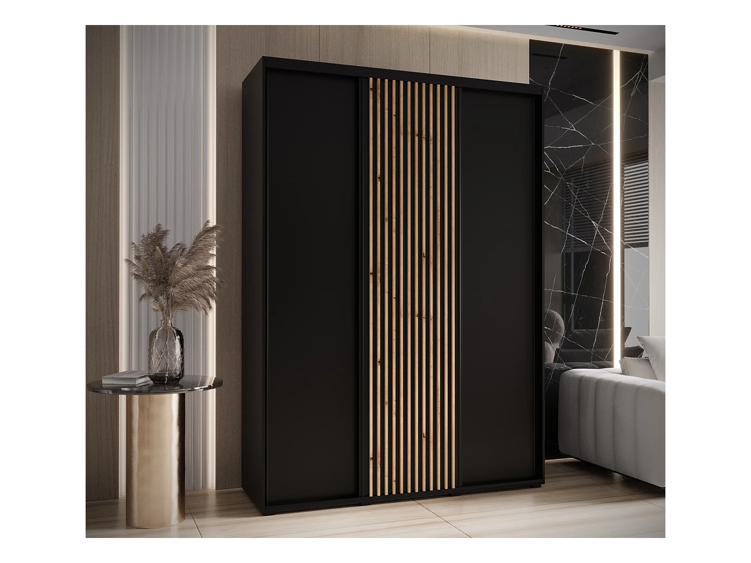 ARMOIRE SAPPORO 1 À PORTES COULISSANTES 205,2/180/60 3 Portes (Noir/Noir)