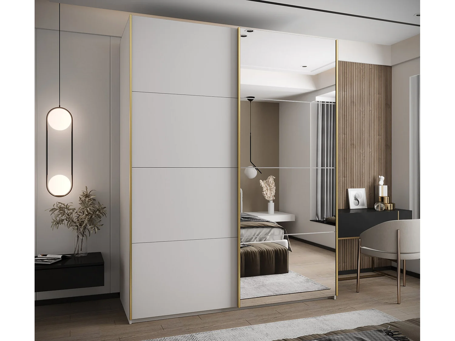 KLEDINGKAST MET SCHUIFDEUREN Lux 3 245,5/190/64 (Wit/Wit/Goud)