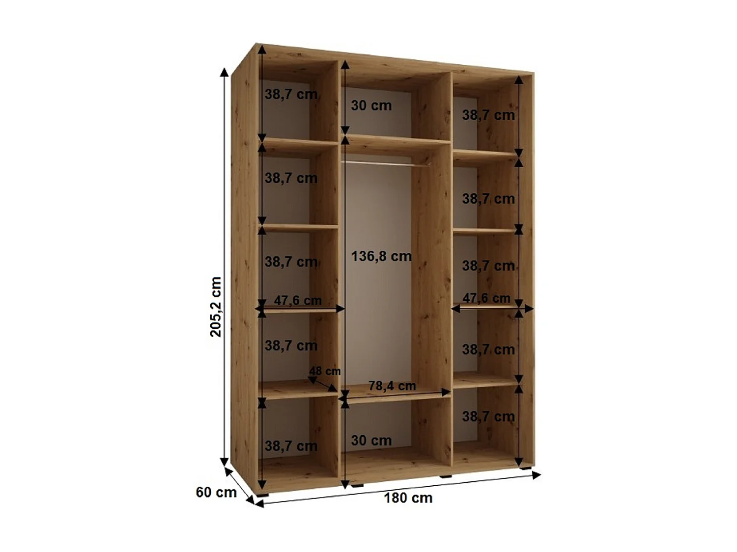 ARMOIRE SAPPORO 2 À PORTES COULISSANTES 205,2/180/60 3 Portes (Artisan/Artisan)