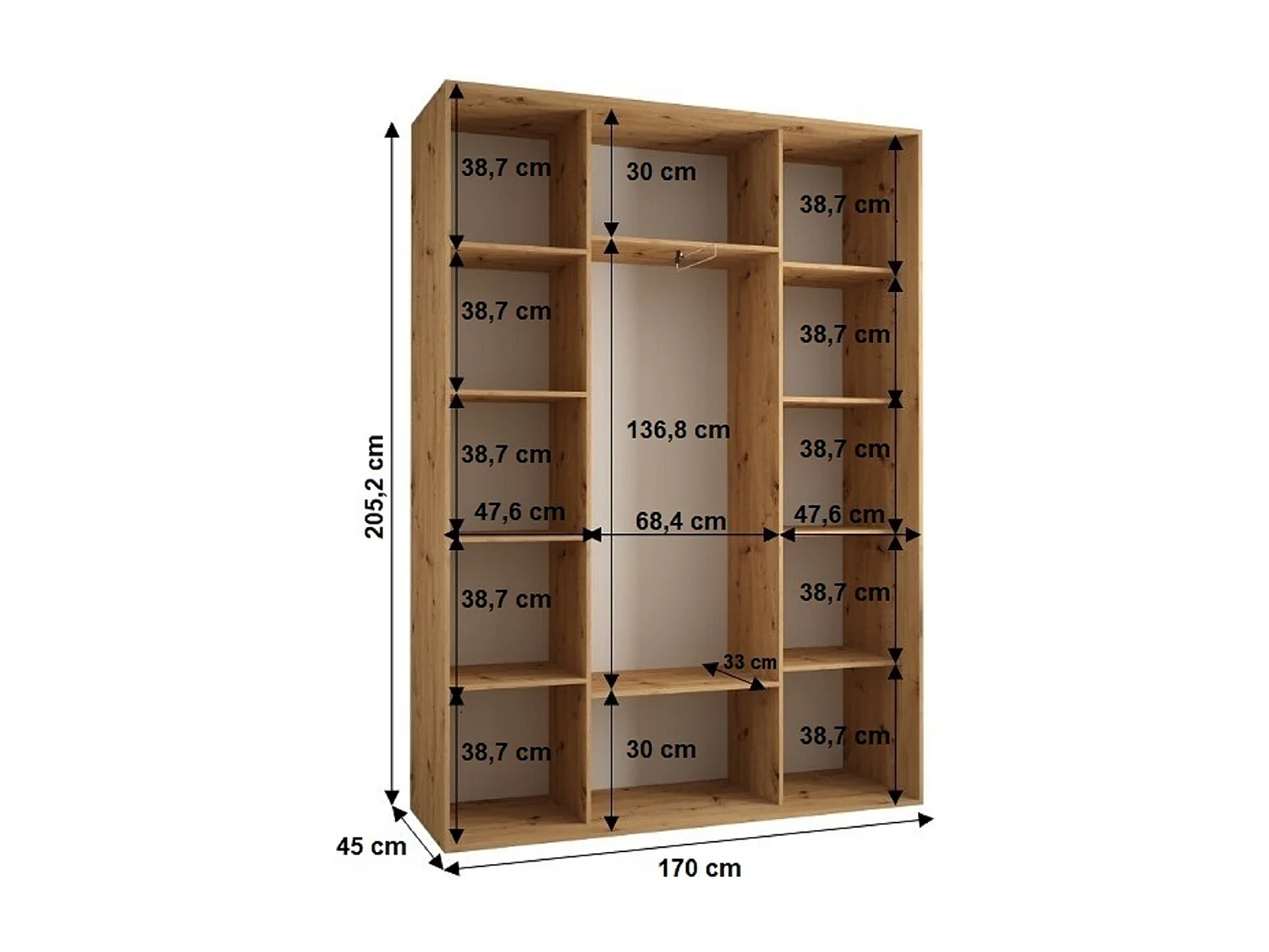 ARMOIRE SAPPORO 2 À PORTES COULISSANTES 205,2/170/45 3 Portes (Artisan/Noir)