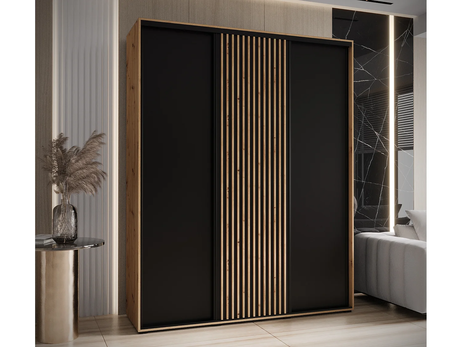 ARMADIO LANKO 1 AD ANTE SCORREVOLI 235,2/190/60 3 porte (Artisan/Nero)