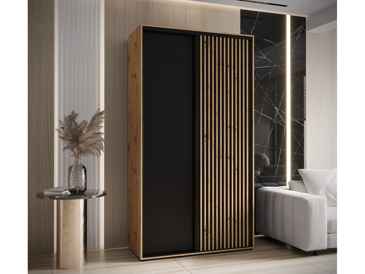 ARMOIRE SAPPORO 1 À PORTES COULISSANTES 205,2/140/45 2 Portes (Artisan/Noir)