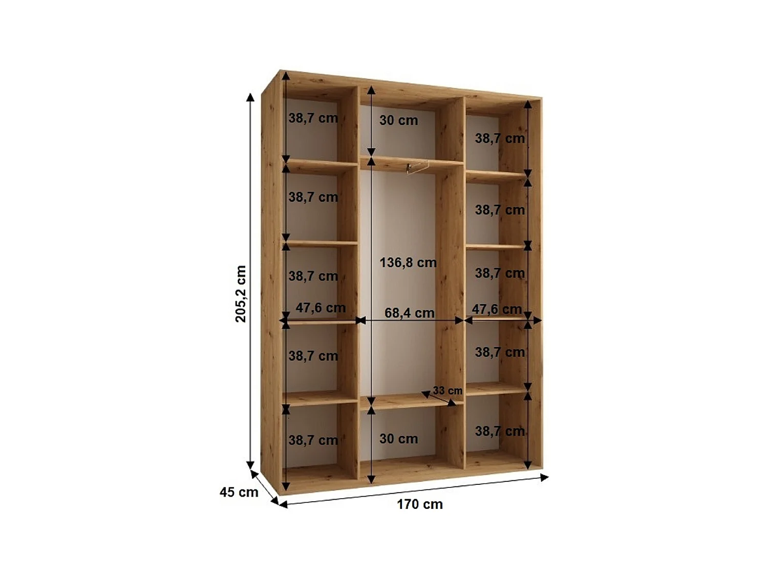 ARMOIRE SAPPORO 2 À PORTES COULISSANTES 205,2/170/45 3 Portes (Blanc/Artisan)