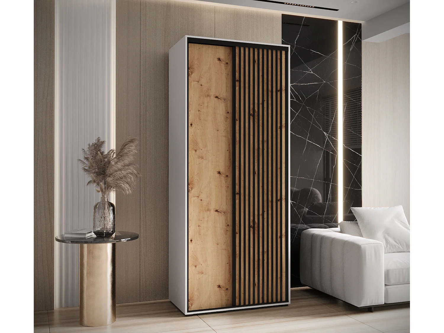 ARMOIRE SAPPORO 1 À PORTES COULISSANTES 205,2/110/45 2 Portes (Blanc/Artisan)