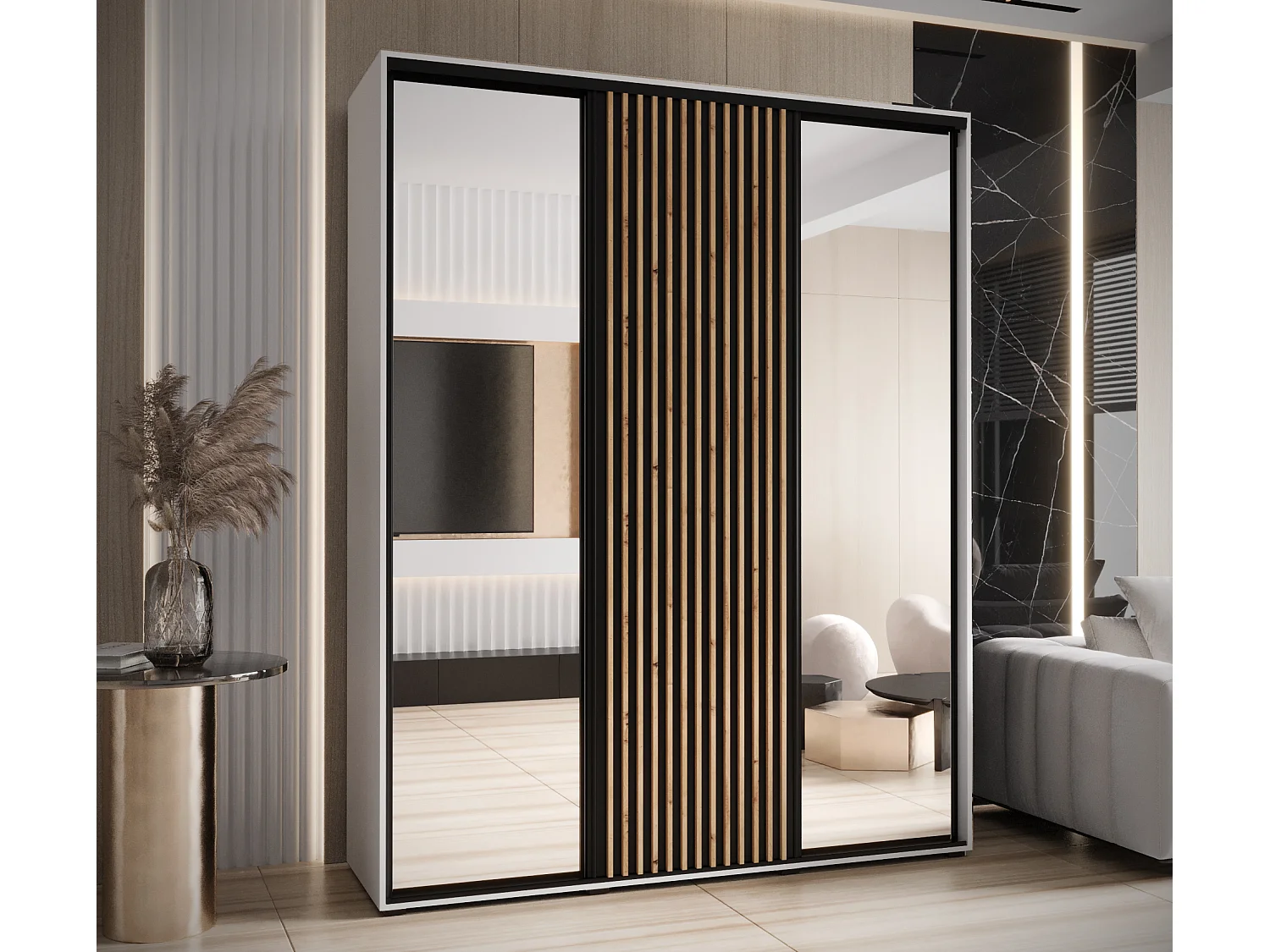 ARMADIO LANKO 2 AD ANTE SCORREVOLI 235,2/200/60 3 porte (Bianco/Nero)