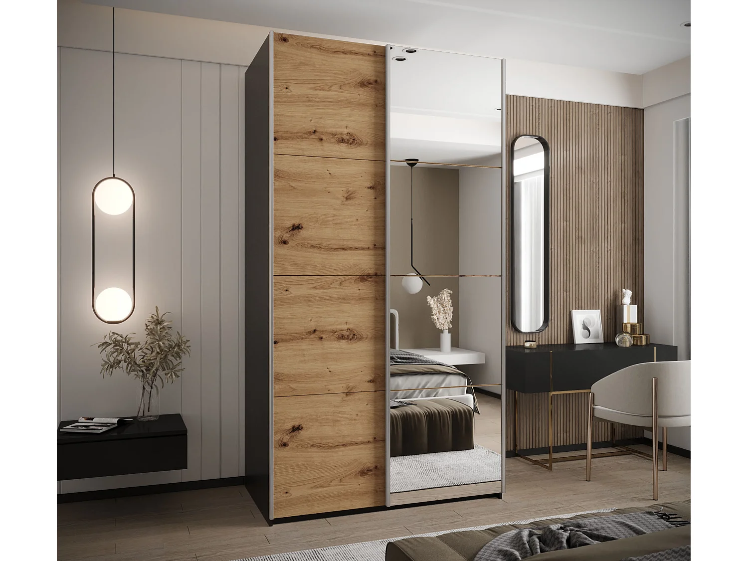 Armoire Lux 3 245,5/130/64 (Noir/Artisan/Argent)