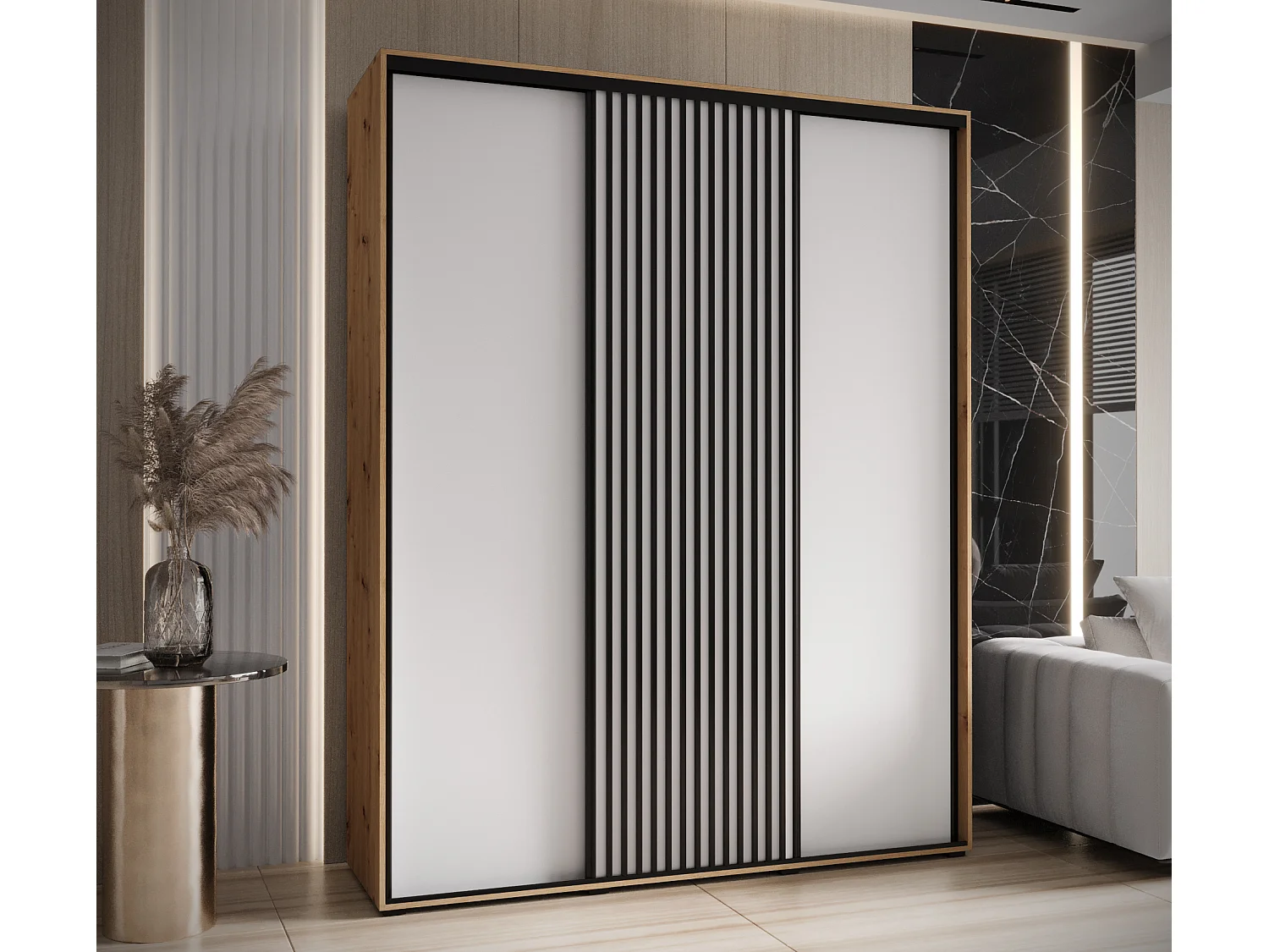 ARMADIO SAPPORO 1 AD ANTE SCORREVOLI 205,2/200/45 3 porte (Artisan/Bianco)