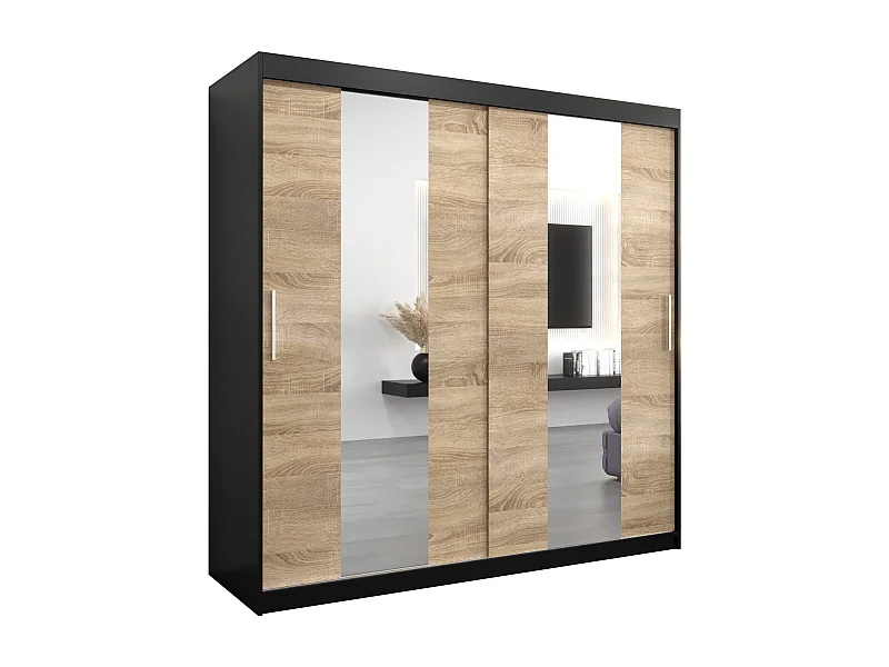 Schwebetürenschrank Pole 200/200/62 2-Türig (Schwarz/Sonoma)