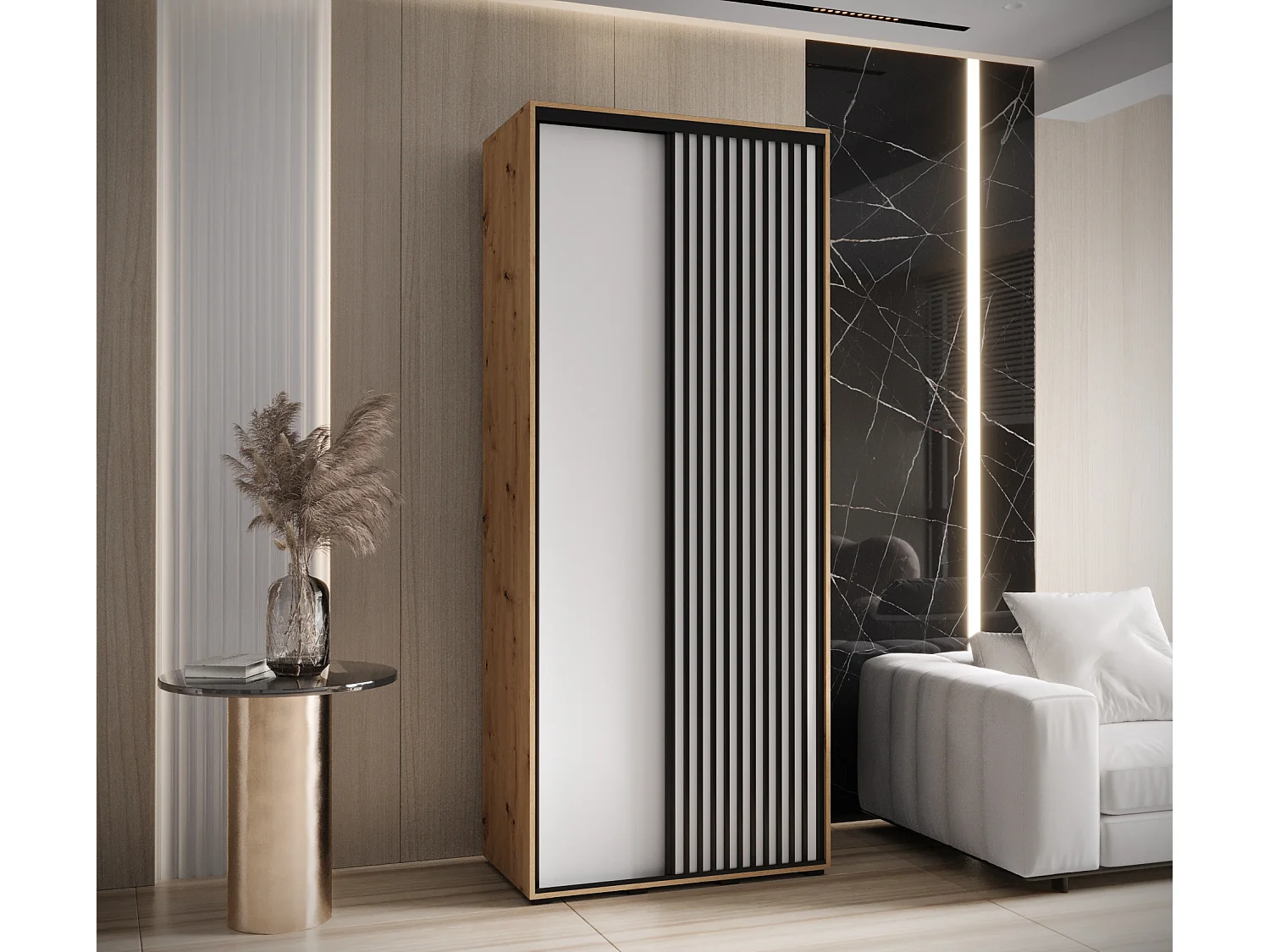 ARMOIRE SAPPORO 1 À PORTES COULISSANTES 205,2/100/60 2 Portes (Artisan/Blanc)