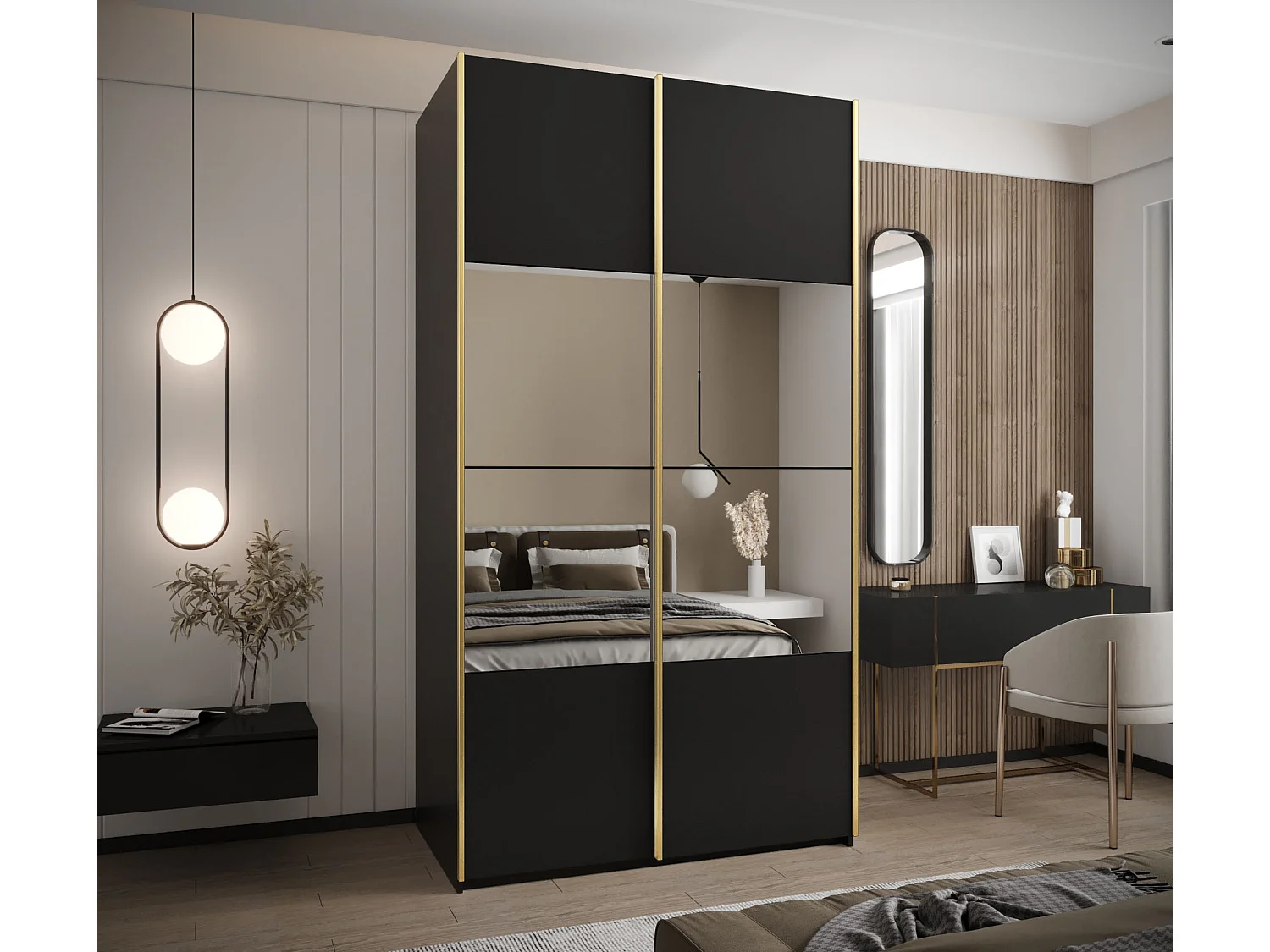 Armoire Lux 4 245,5/140/64 (Noir/Noir/Or)