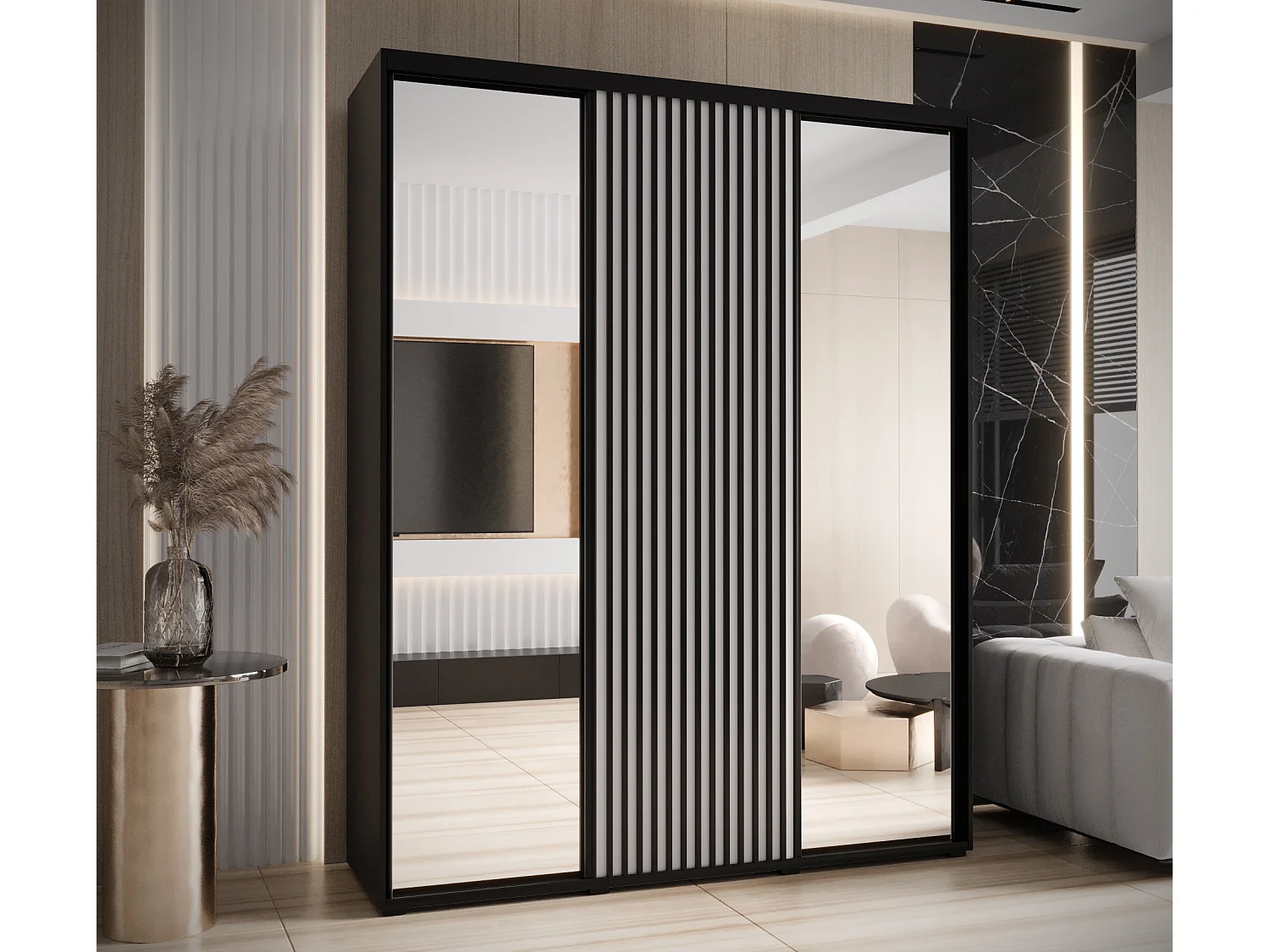 Armário SAPPORO 2 com portas de correr 205,2/200/45 3 puertas (preto/branco)