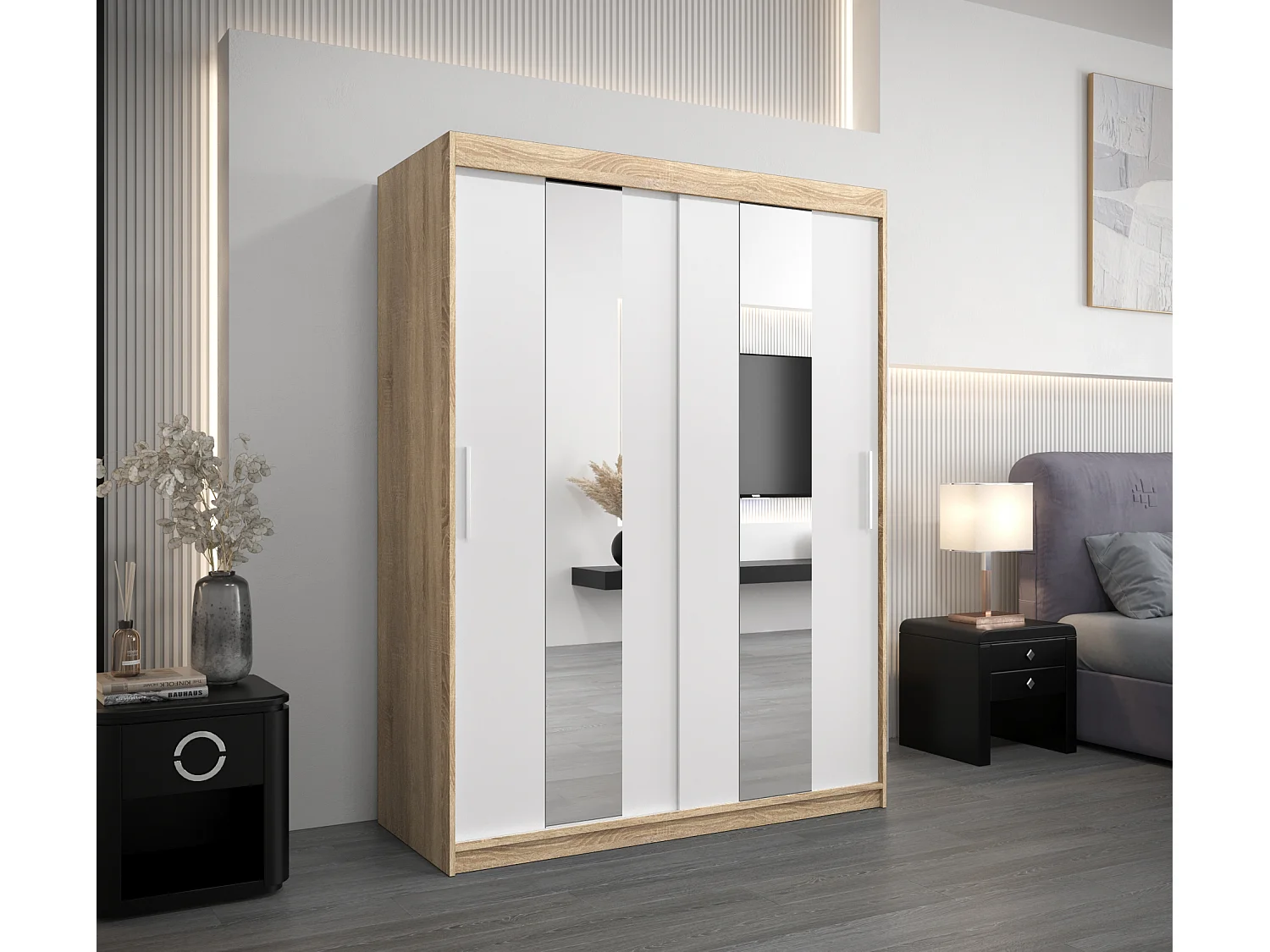 Schwebetürenschrank Pole 200/150/62 2-Türig (Sonoma/Weiß)