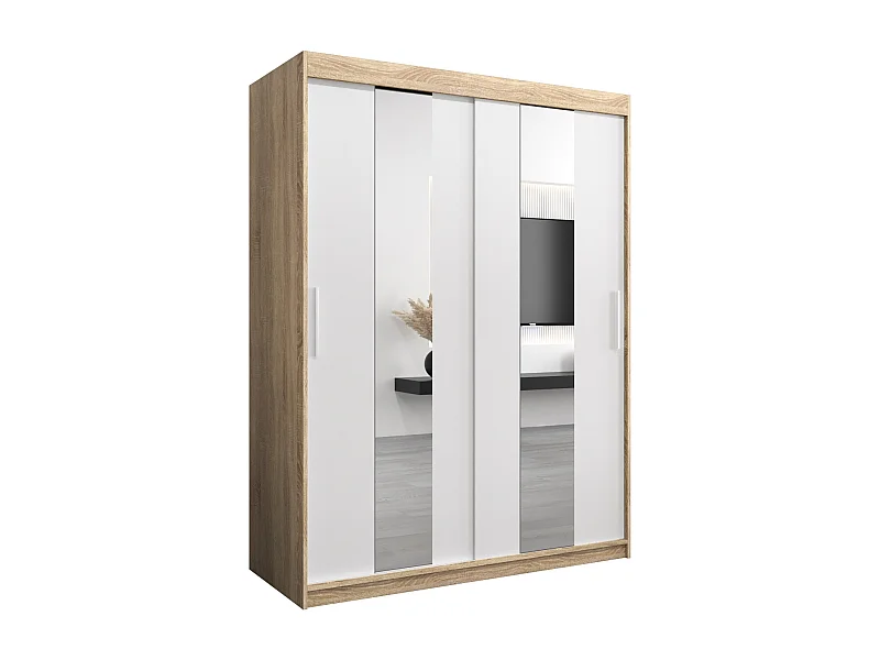 ABIKSMEBLE Armadio Scorrevole Verona 2 – 150x200x62 Cm, Nero Opaco + Artisan, 2 Ante Con Specchio, Barra E Ripiani, Guida In Alluminio, Moderno E Salvaspazio