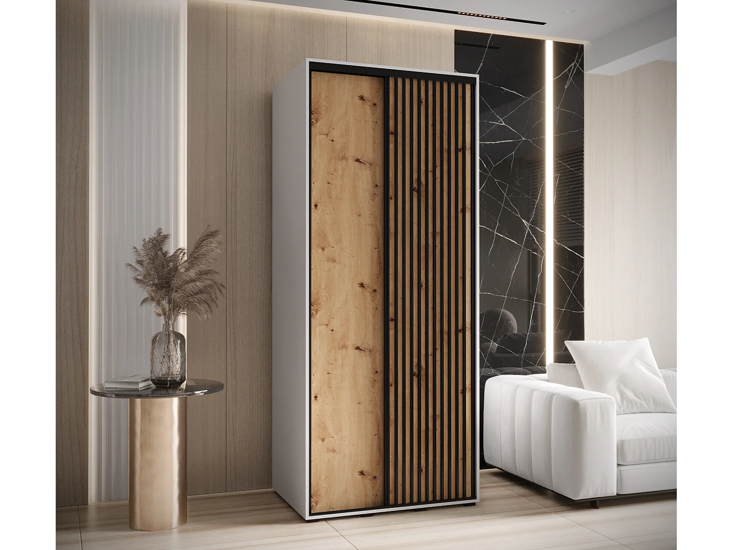 ARMOIRE SAPPORO 1 À PORTES COULISSANTES 205,2/100/60 2 Portes (Blanc/Artisan)