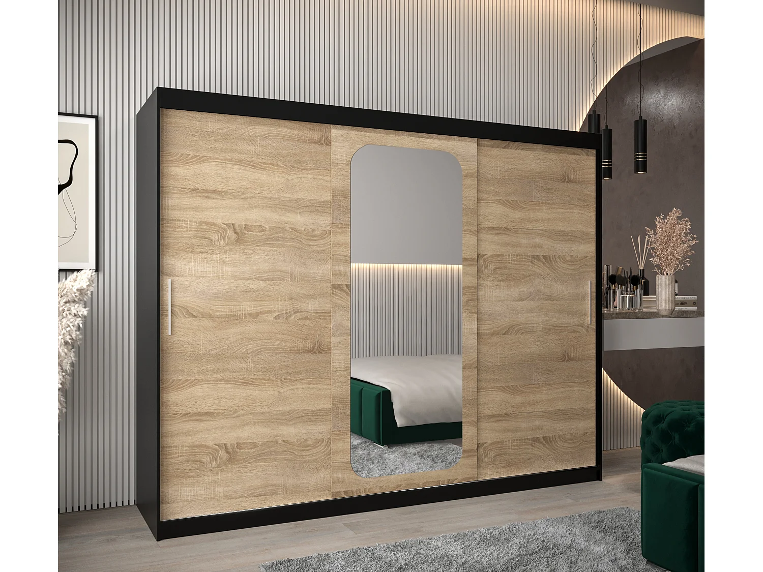 ARMOIRE PROMO T2 À PORTES COULISSANTES 200/250/62 3 Portes (Noir/Sonoma)