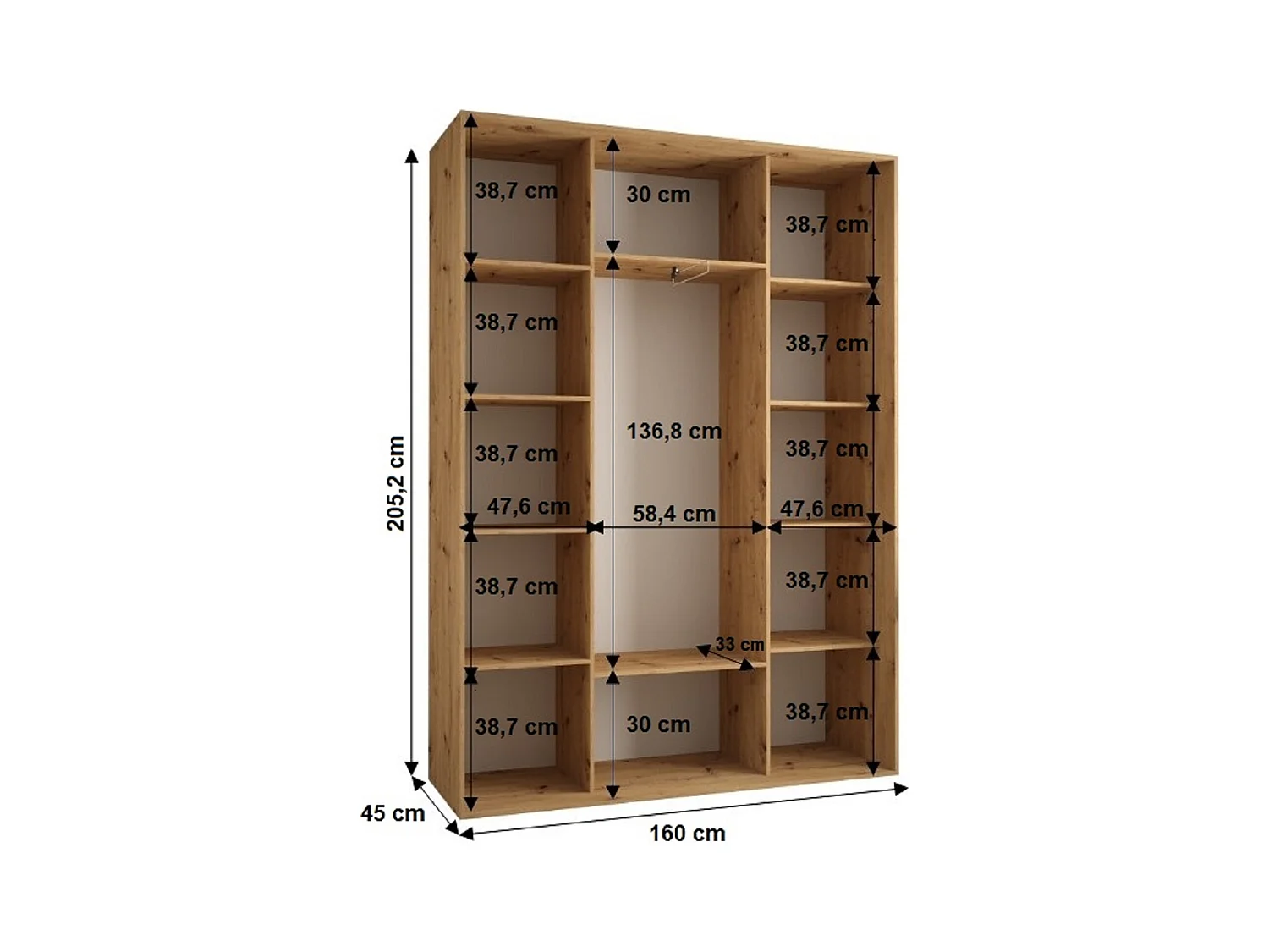 SAPPORO 1 KLEDINGKAST MET SCHUIFDEUREN 205,2/160/45 3 deuren (wit/artisan)