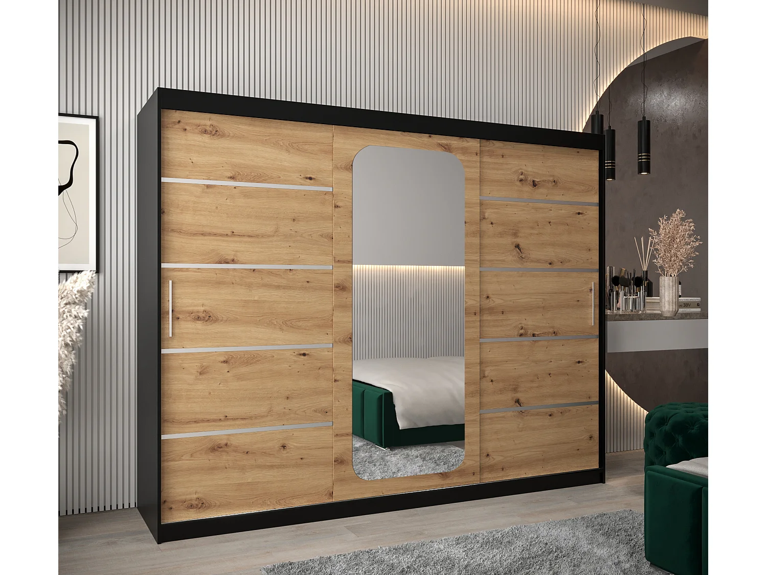 ARMOIRE PROMO V2 À PORTES COULISSANTES 200/250/62 3 Portes (Noir/Artisan)