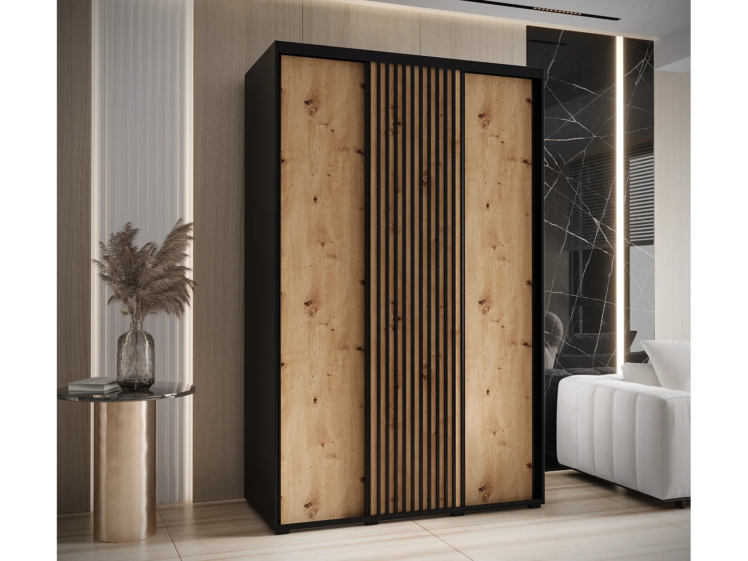 ARMOIRE SAPPORO 1 À PORTES COULISSANTES 205,2/150/45 3 Portes (Noir/Artisan)