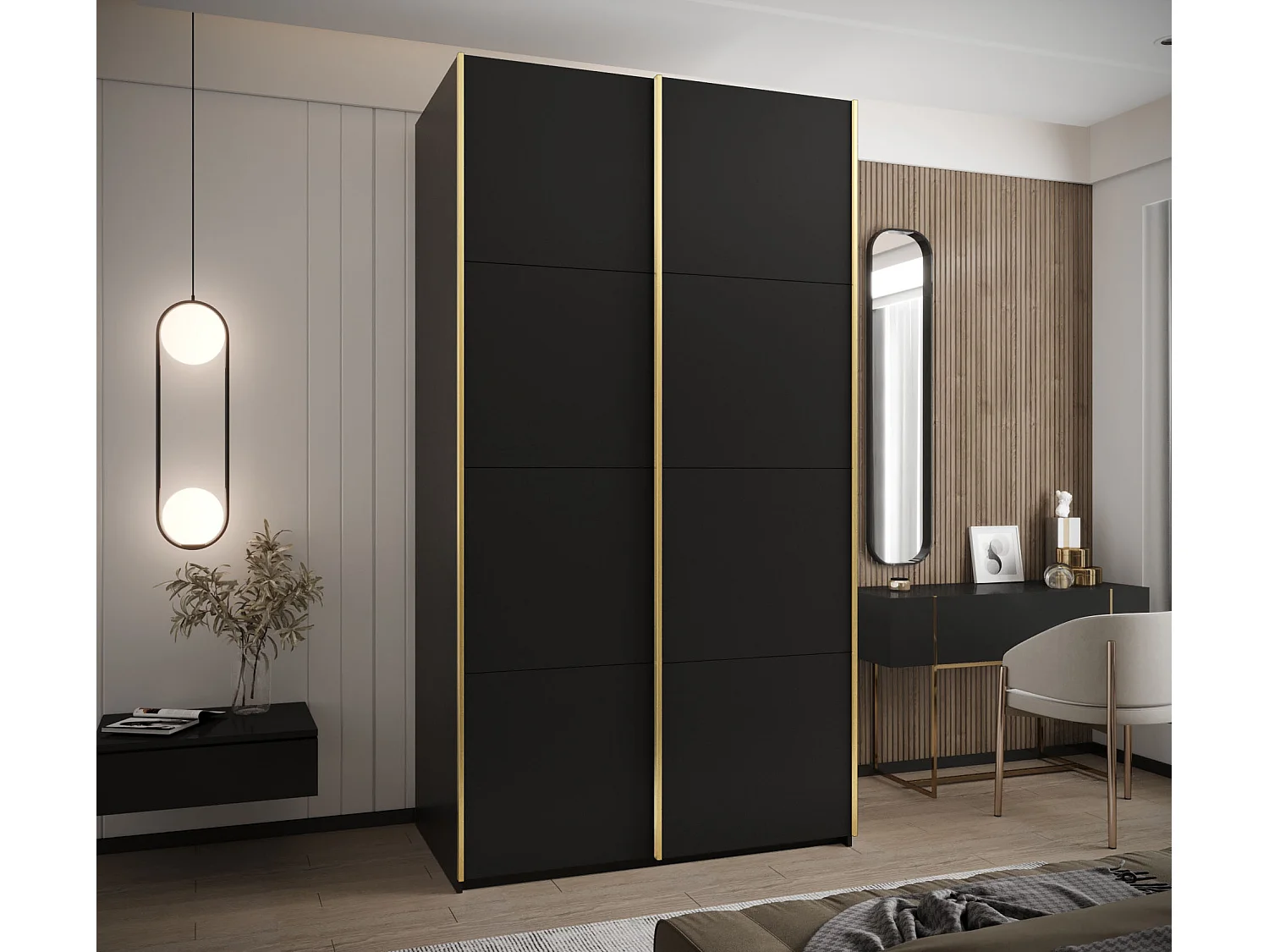 SCHWEBETÜRENSCHRANK Lux 1 245,5/130/64 (Schwarz/Schwarz/Gold)