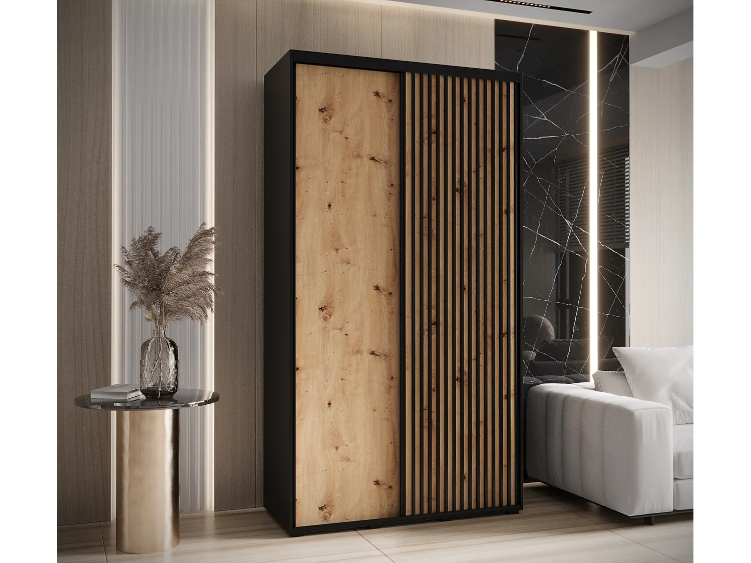 ARMOIRE SAPPORO 1 À PORTES COULISSANTES 205,2/140/60 2 Portes (Noir/Artisan)