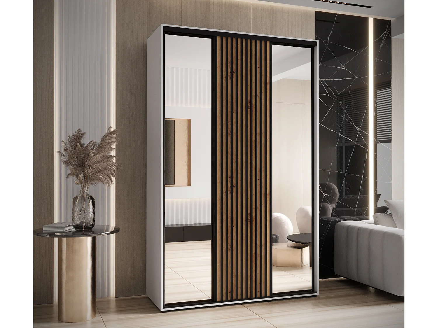 ARMOIRE LANKO 2 À PORTES COULISSANTES 235,2/150/45 3 Portes (Blanc/Artisan)