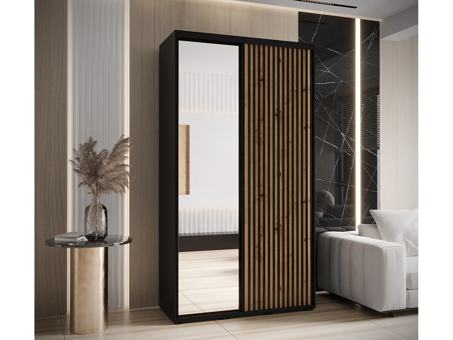 ARMOIRE SAPPORO 2 À PORTES COULISSANTES 205,2/130/60 2 Portes (Noir/Artisan)