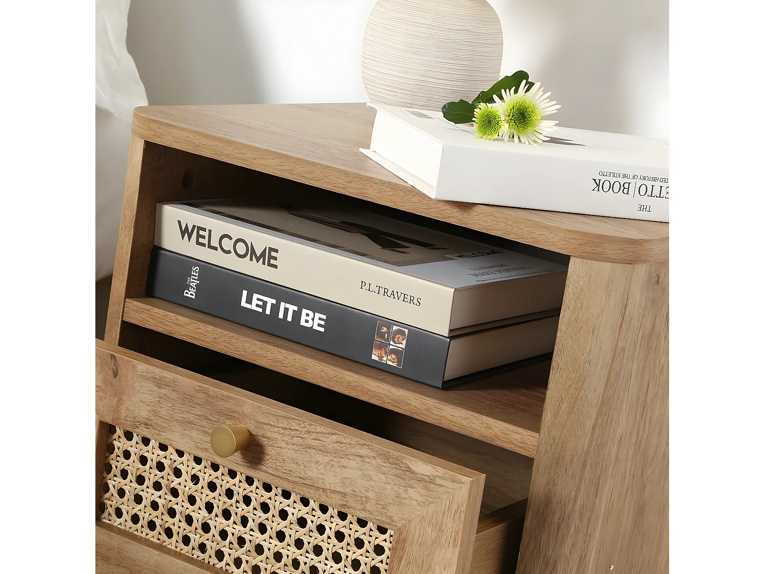 Nachtkastje 1 Lade met Rotan Front en 1 Open Vak L39 cm - PALMO