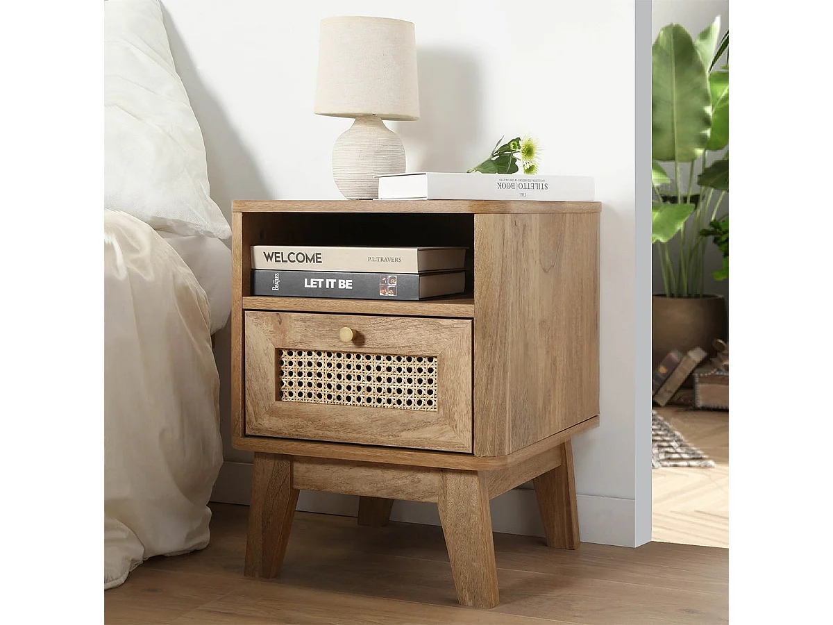 Comodino 1 Cassetto con Fronte in Rattan e 1 Nicchia L39 cm - PALMO