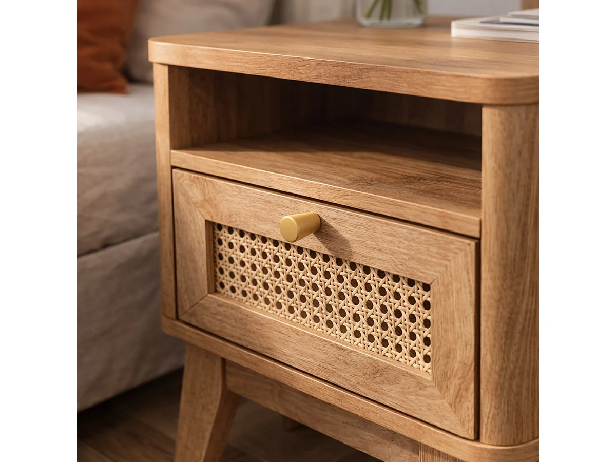 Comodino 1 Cassetto con Fronte in Rattan e 1 Nicchia L39 cm - PALMO