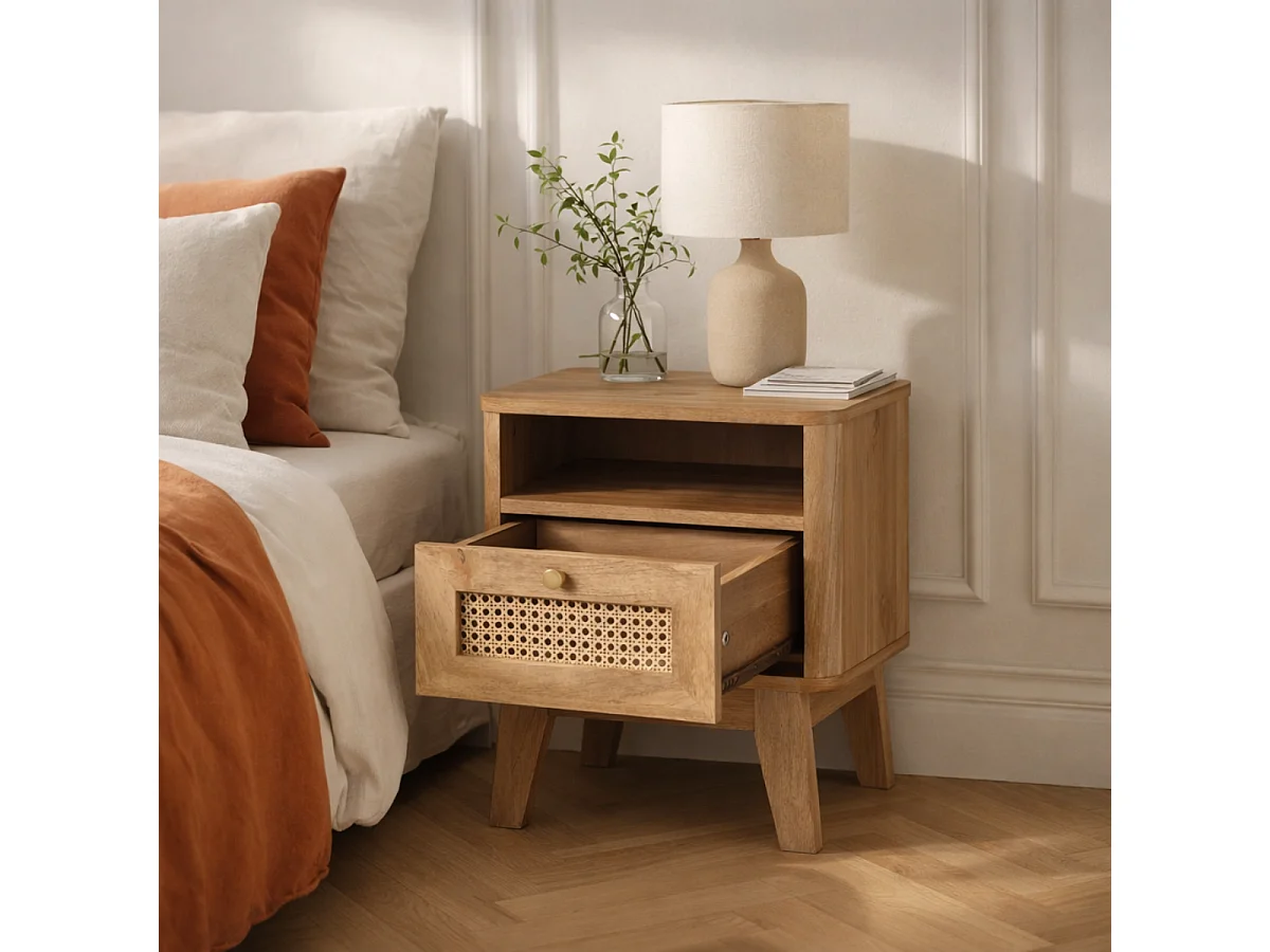 Comodino 1 Cassetto con Fronte in Rattan e 1 Nicchia L39 cm - PALMO