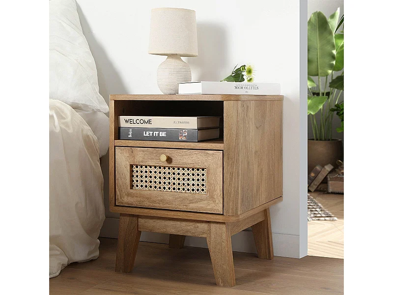 Nachtkastje 1 Lade met Rotan Front en 1 Open Vak L39 cm - PALMO