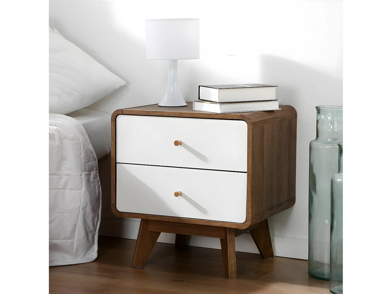 Chevet 2 Tiroirs Décor Bois et Blanc - ALBURA