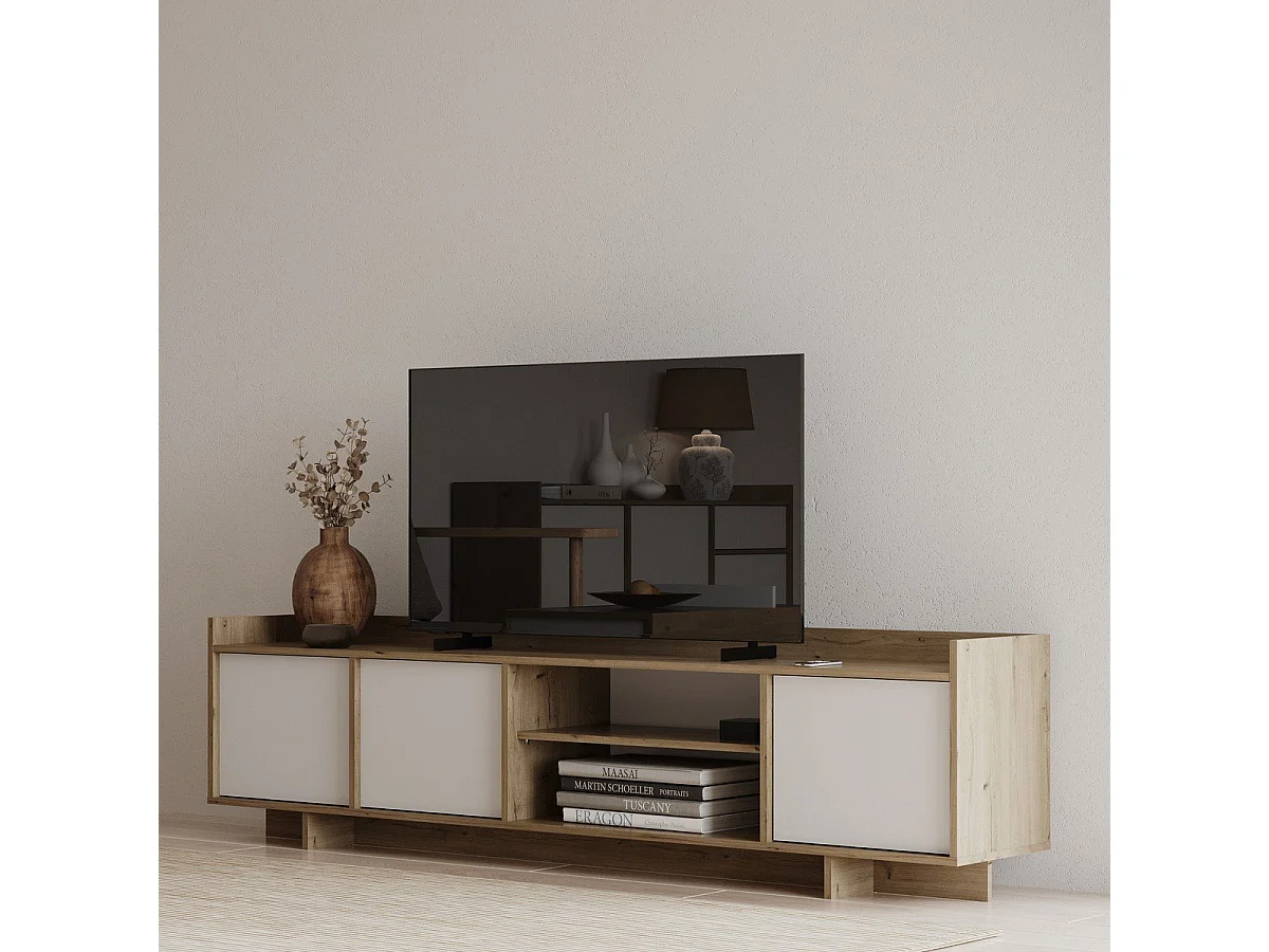 Meuble TV 3 portes 1 niche décor chêne royal et blanc L183 cm - LEAD