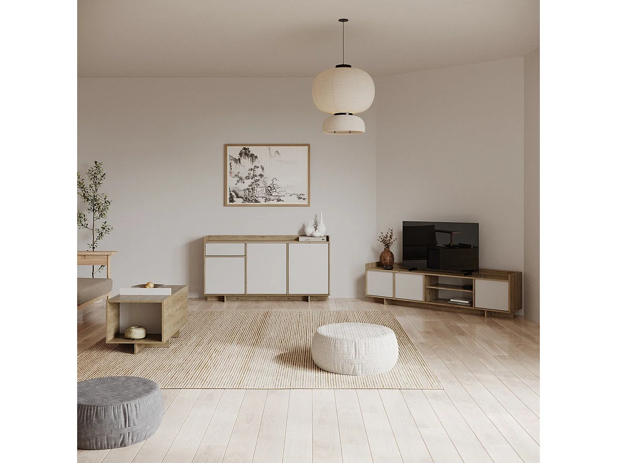 Meuble TV 3 portes 1 niche décor chêne royal et blanc L183 cm - LEAD