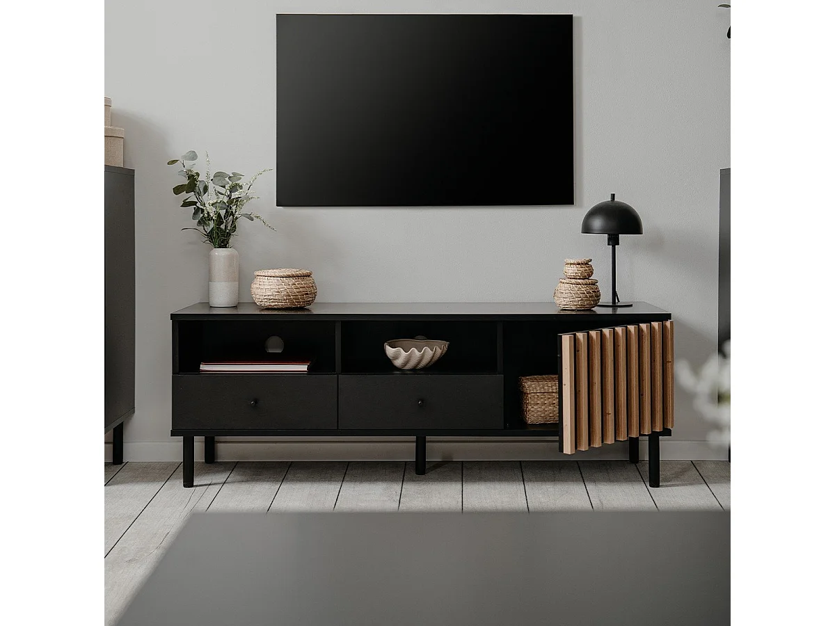 Meuble TV 1 Porte et 2 Tiroirs  Noir et Bois L138 cm - MONZA