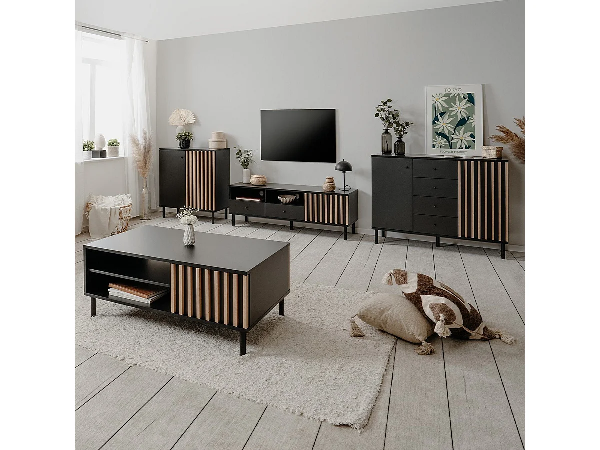 Meuble TV 1 Porte et 2 Tiroirs  Noir et Bois L138 cm - MONZA