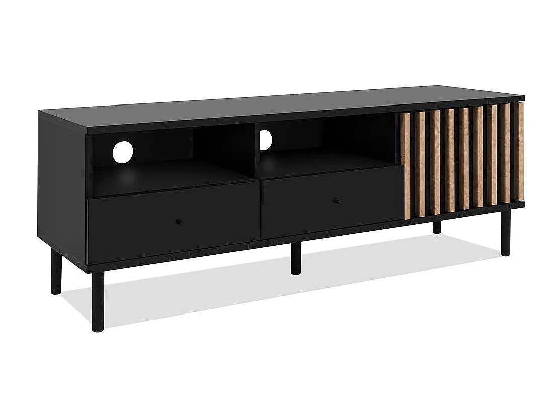Meuble TV 1 Porte et 2 Tiroirs  Noir et Bois L138 cm - MONZA