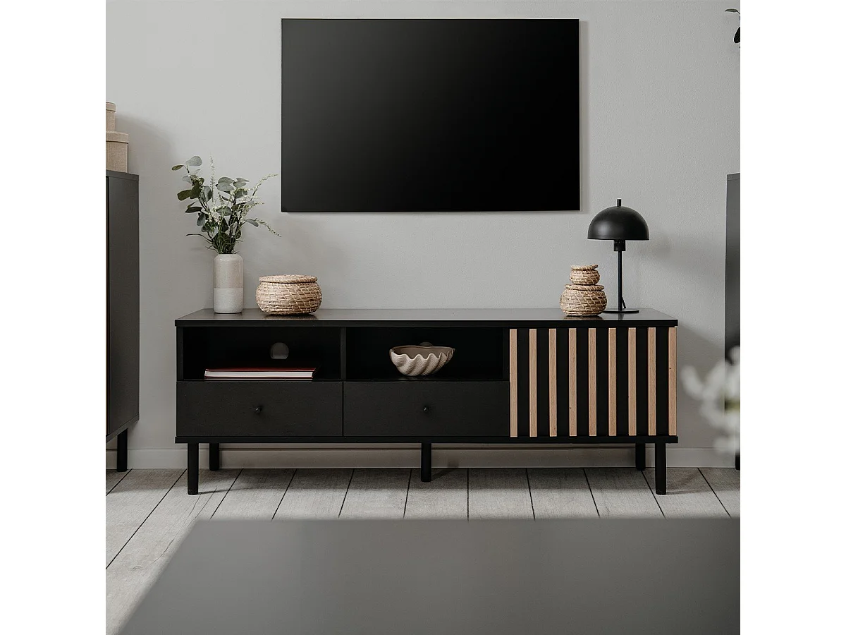 Stojak pod telewizor 1 drzwi i 2 szuflady czarny i drewno L138 cm - MONZA