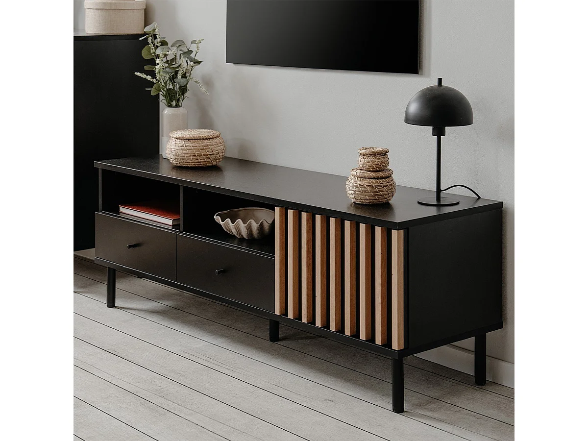 Stojak pod telewizor 1 drzwi i 2 szuflady czarny i drewno L138 cm - MONZA
