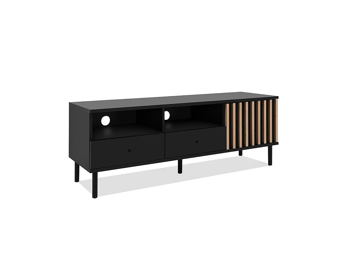 Stojak pod telewizor 1 drzwi i 2 szuflady czarny i drewno L138 cm - MONZA