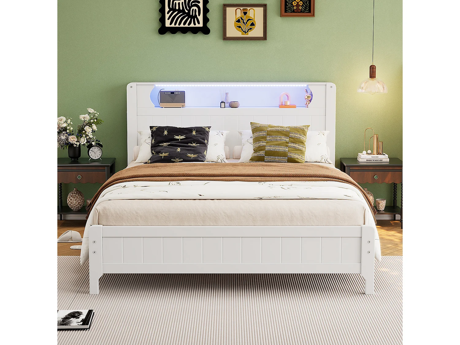 Tweepersoonsbed 140x200cm met LED - hout en MDF - Wit