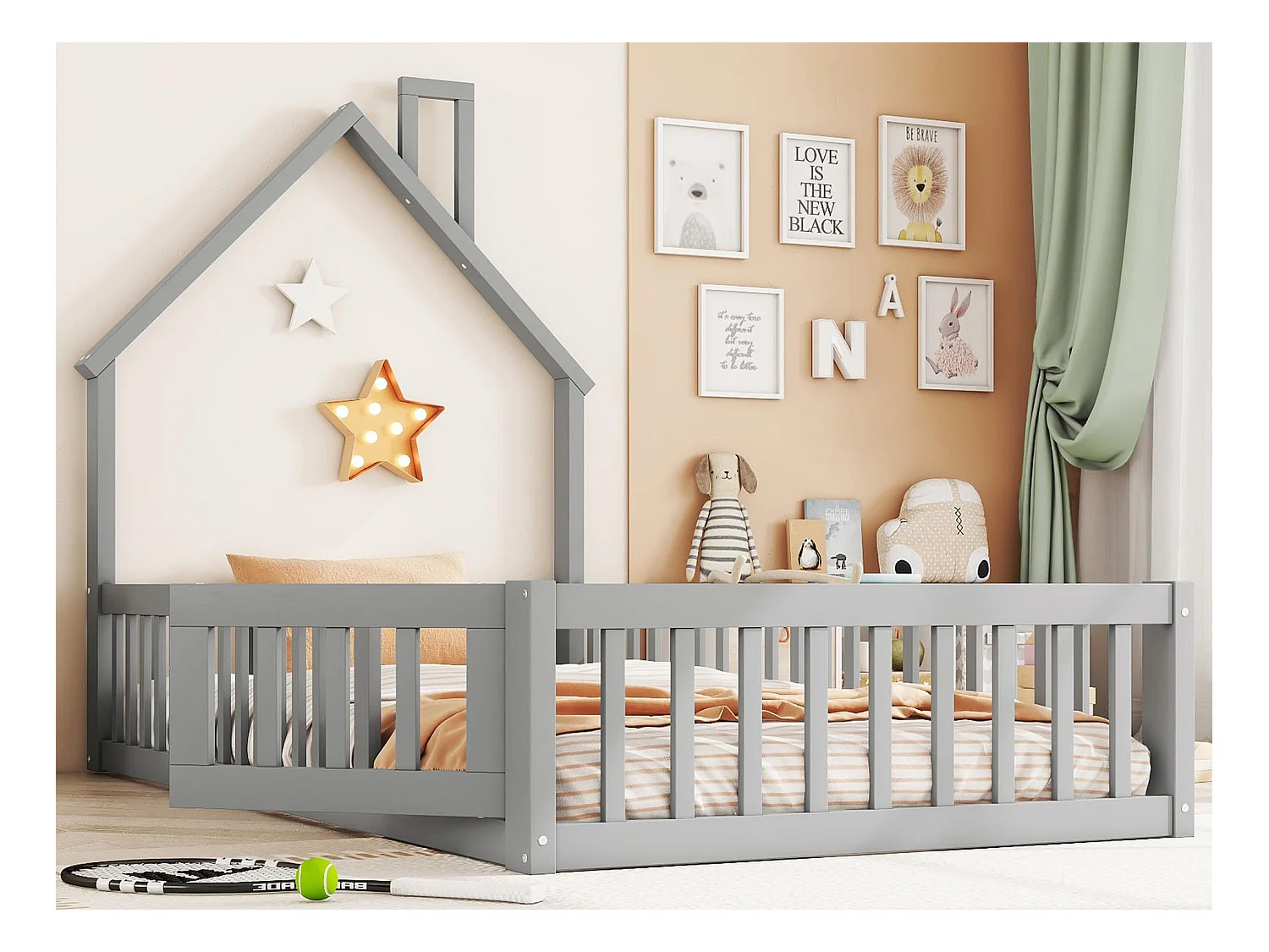 Lit enfant 90x200cm en bois massif - avec sommier à lattes - Gris